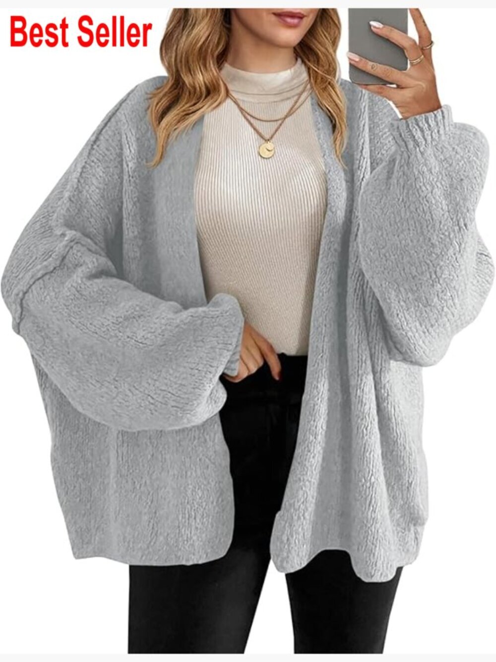 Oversized Chunky Knit Open Front Cardigan Sweater with Lantern Sleeves